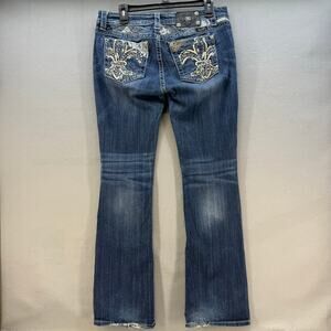 Miss Me Jeans Women's 30x34  Blue Signature Boot Lace Fleur De Lis Pockets
